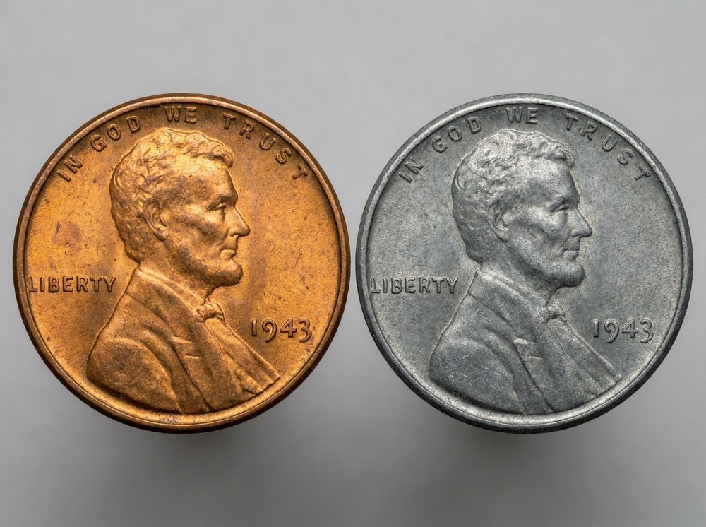 1943 bronze Lincoln cent next to a normal steel cent showing color and planchet difference